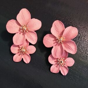 Big Pink Double Flower Post Earrings 3D Hibiscus Sakura Blossom 2 Flowers Femme